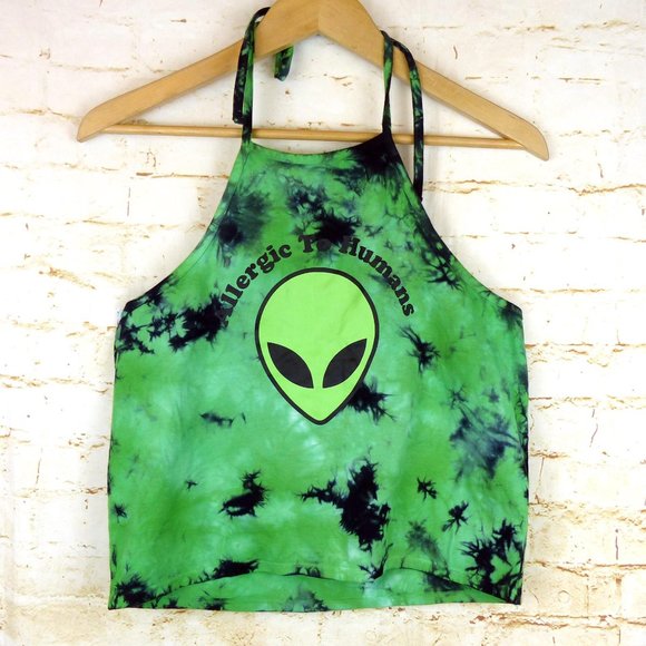 Hot Topic Alien Tie-Dye Halter Top Womens M Green Allergic To Humans Rave Kawaii - Picture 2 of 12